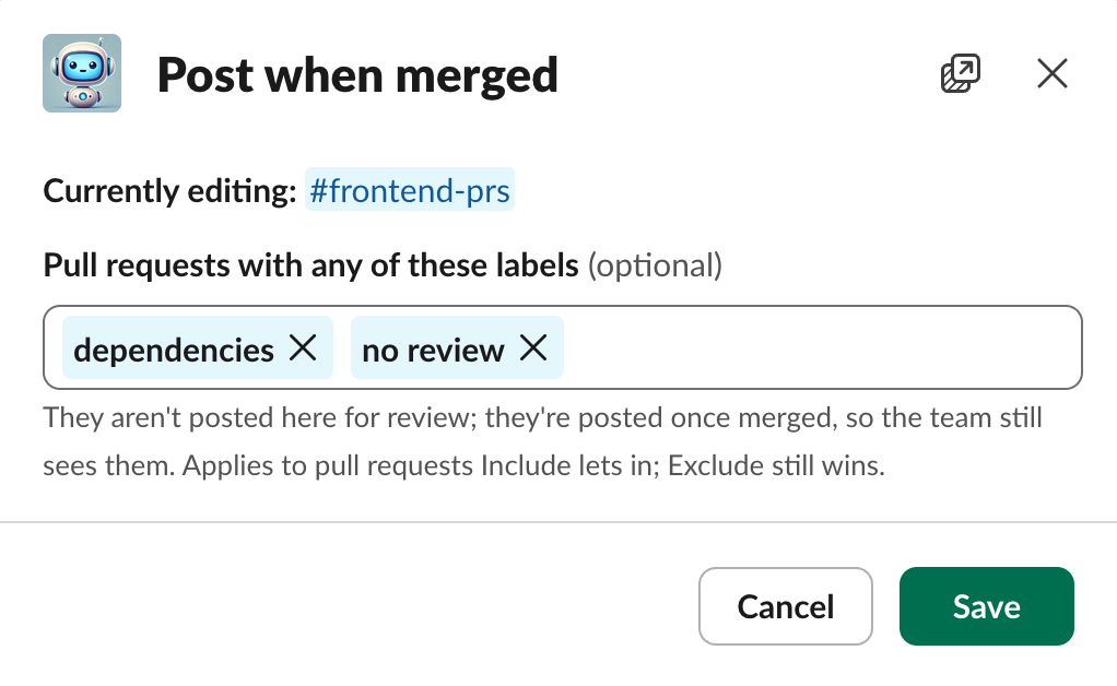 The Post when merged editor with the dependencies and no review labels selected.
