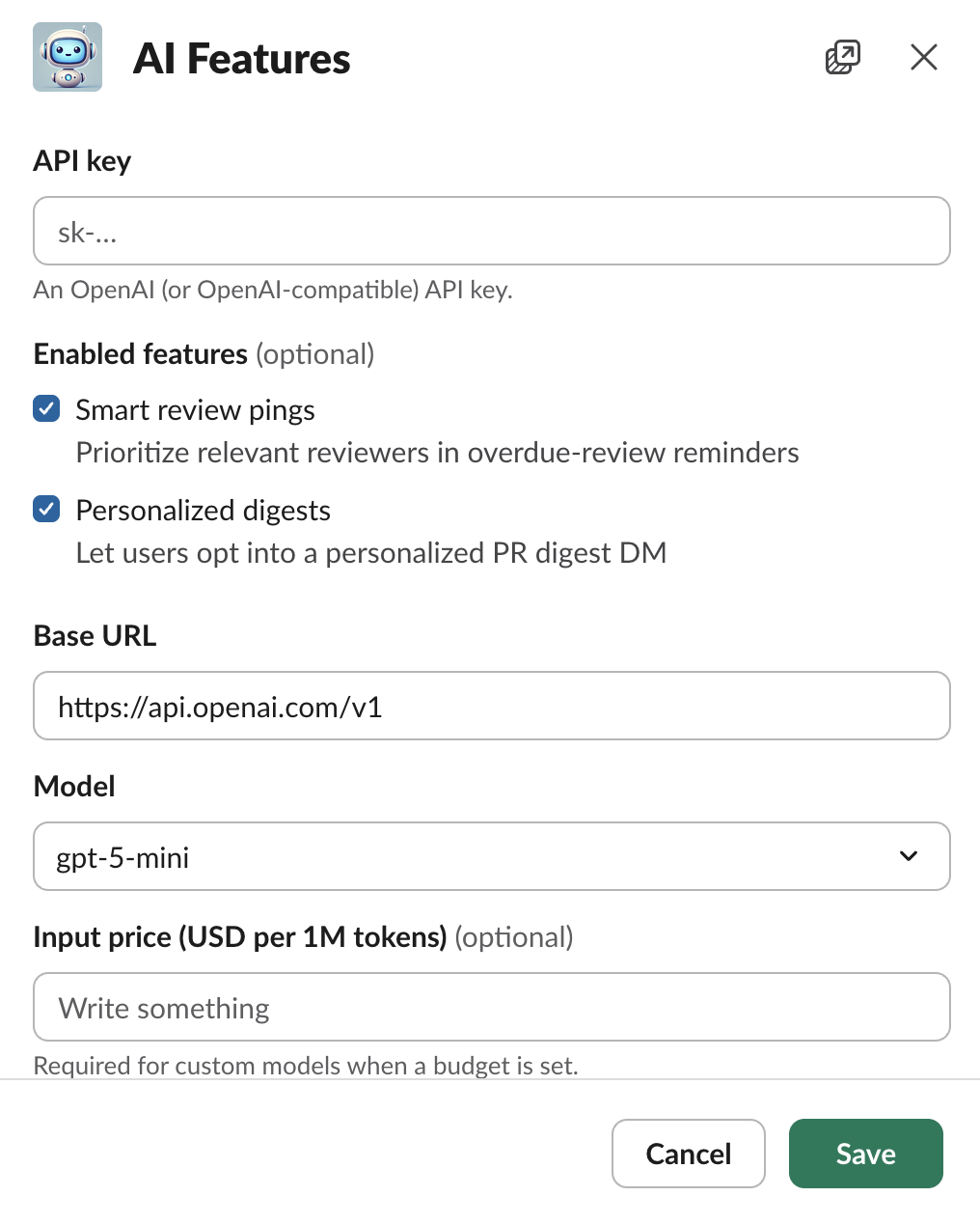 The AI Features settings modal in the PullPro app home tab, showing the API key, enabled features, model, and budget fields.
