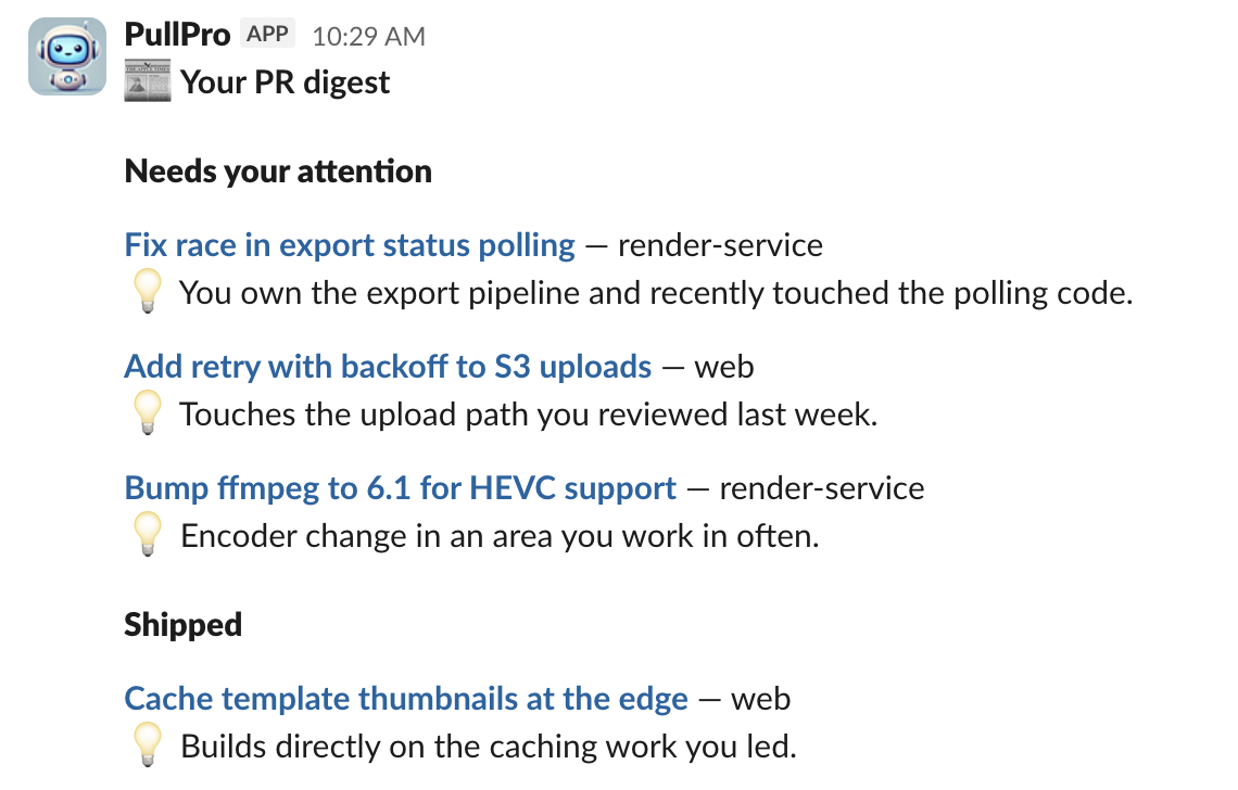 An example personalized PR digest direct message with 'Needs your attention' and 'Shipped' sections.