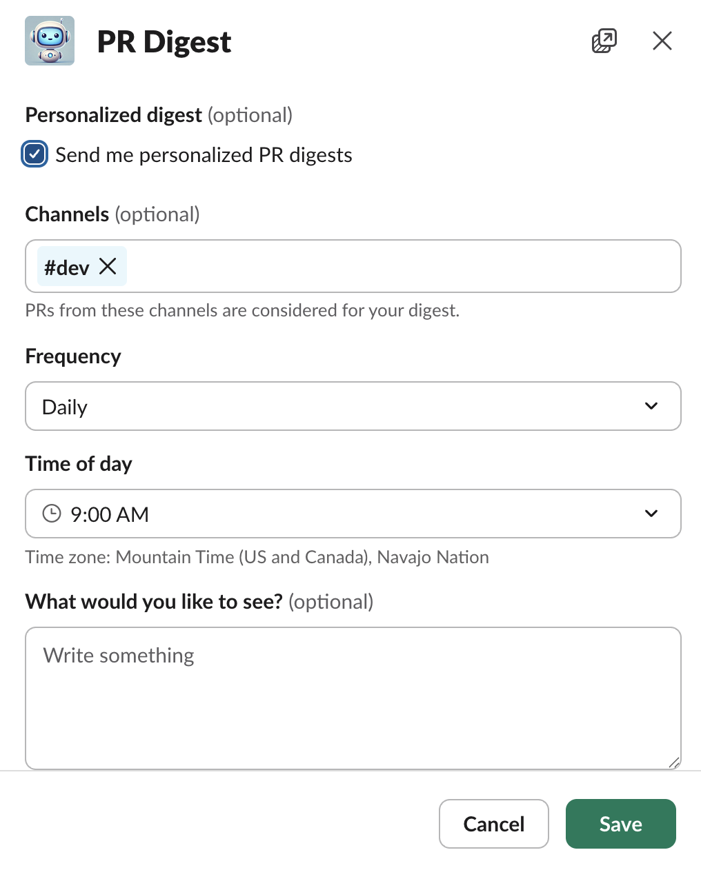 The personalized digest settings modal showing channels, schedule, and the free-form interests field.