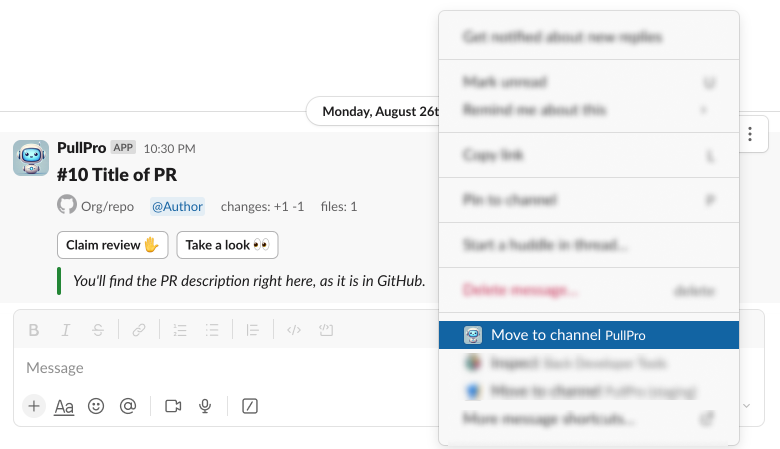 Example of using the Slack message shortcut to move a PR to another channel.