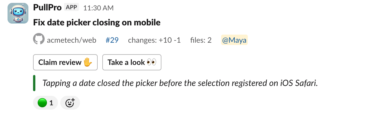 A pull request posted to Slack, with buttons to claim the review or open it on GitHub.