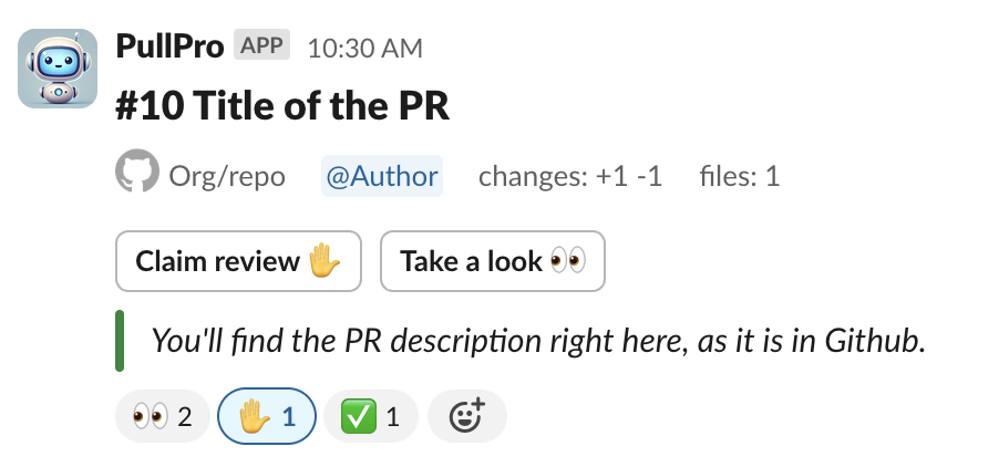 A screenshot of a PR being posted in Slack with options to claim or view the PR.