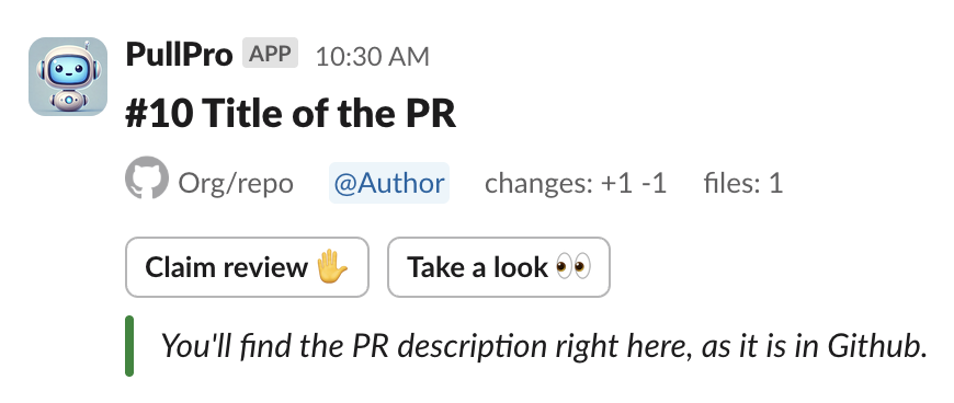 A screenshot of a PR being posted in Slack with options to claim or view the PR.