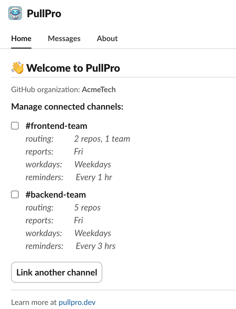 A screenshot showing channel selection in the PullPro app home tab.
