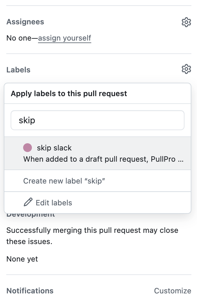 Example of adding the 'skip slack' label on a pull request in GitHub.