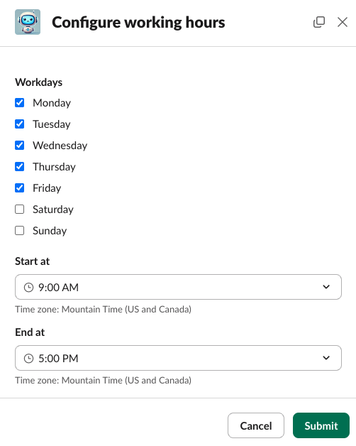 A screenshot of working hours in the app settings panel.